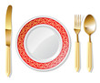 Plate, golden spoon, fork and knife | Vector World series Plate, golden spoon, fork and knife | Vector World series