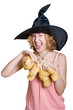 Witch girl in a halloween black hat with teddy bear