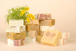 group of handmade soap with herbal material group of handmade soap with herbal material