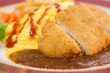 Deep fried pork with curry sauce and omelette Deep fried pork with curry sauce and omelette