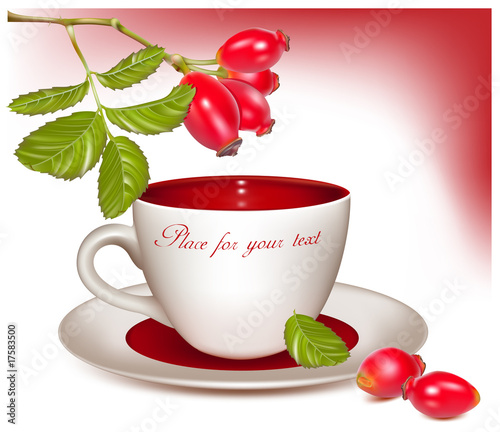 Vector: Vector illustration. Cup of tea and ripe rose hip . Vector illustration. Cup of tea and ripe rose hip .