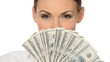 Beautiful young businesswoman is holding bunch of money