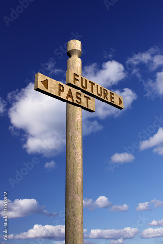 Illustration: Wooden signpost for future and past Wooden signpost for future and past