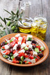 Greek salad, feta cheese, and olive oil