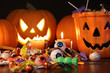 Closeup of candies with pumpkins