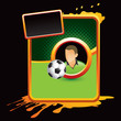 Soccer player and ball on orange splattered banner