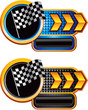 Racing checkered flag on gold arrow nameplate banners