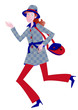 Femme rousse en manteau rouge et bleu