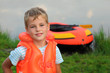 boy and inflatable boat ashore