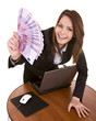 Girl in business suit, group of money euro and laptop. Isolated. Girl in business suit, group of money euro and laptop. Isolated.