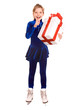 Girl in blue sport dress on skates with gift box.Isolated.