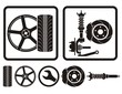 Wheel rim, tire, shock absorber vector icons.