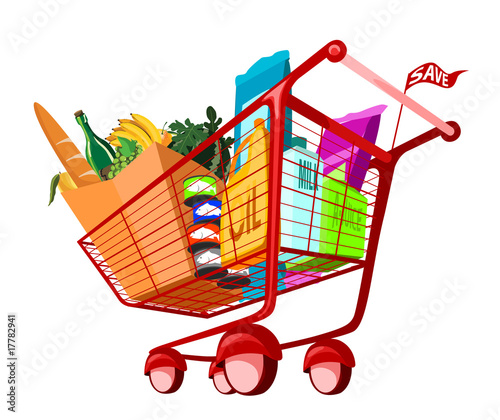 Vector: Illustration of groceries in a shopping cart Illustration of groceries in a shopping cart