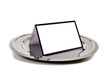 Blank notebook on  a silver tray