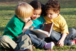 Group of children with the book on a grass in park