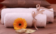 White hotel towels with yellow flower. White hotel towels with yellow flower.