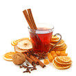 Winter hot drink with spices isolated on white background
