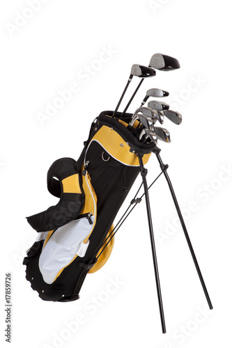 Photo: Golf clubs and bag on white Golf clubs and bag on white