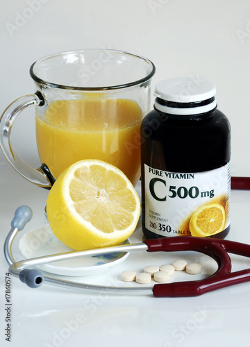 Photo: Rich in Vitamin C: orange juice, lemon, and supplement pills Rich in Vitamin C: orange juice, lemon, and supplement pills