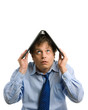 Businessman covering up by file