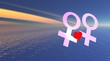 Lesbian couple holding red heart over the sea