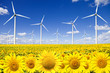 Wind turbines on sunflowers field