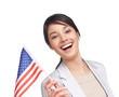 Happy young woman holding an American flag on white background