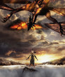 Dragon flying at Hispanic women holding sword