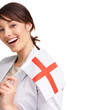 Beautiful young female with an English flag against white