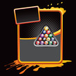 billiard balls on orange splattered advertisement