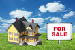 Model house on green grass with for sale sign Model house on green grass with for sale sign