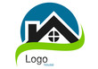 Logo maison toit rond courbe bleu vert gris