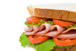 sandwich with sliced ham, tomatoes and lettuce leaves