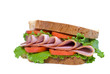 sandwich with sliced ham, tomatoes and lettuce leaves