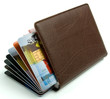 Notebook with fantail of credit cards