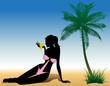 Girl on the beach with grapes. Vector illustration.