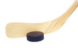 ice hockey stick and puck isolated on white