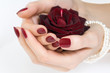 Beautiful woman hands with red manicure holding red rose Beautiful woman hands with red manicure holding red rose