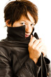 Model mit Lederjacke