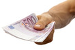 Euro banknotes in the men's hand. Isolated on white.
