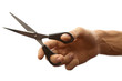 scissors in mans hand isolated on white