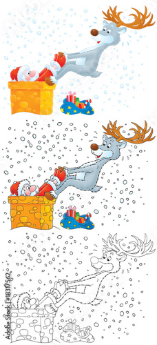 Illustration: Reindeer extricates Santa that got stuck in chimney Reindeer extricates Santa that got stuck in chimney