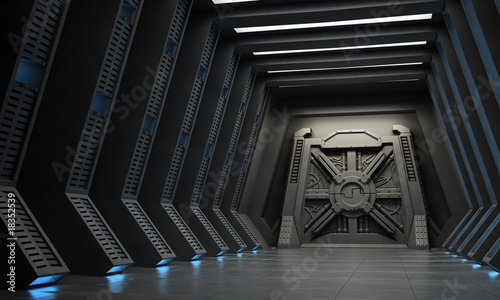 Illustration: Science fiction interior - a hallway with reinforced gate. Science fiction interior - a hallway with reinforced gate.