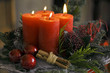 Advent wreath with red candlelit Advent wreath with red candlelit