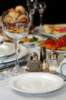 Table with salt and pepper in restaurant