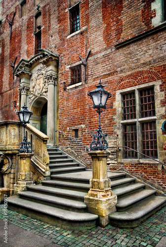 Old town hall stairs and lanterns, enhanced