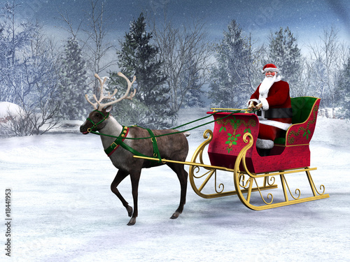 Illustration: Reindeer pulling a sleigh with Santa Claus. Reindeer pulling a sleigh with Santa Claus.