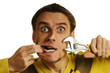 man with wrench and open mouth on white background