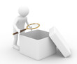 person with magnifier investigates empty box. Isolated 3D image person with magnifier investigates empty box. Isolated 3D image