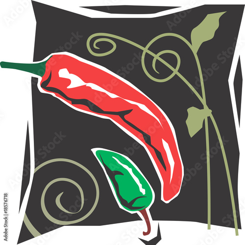 Illustration: Red and green chillies with plants Red and green chillies with plants